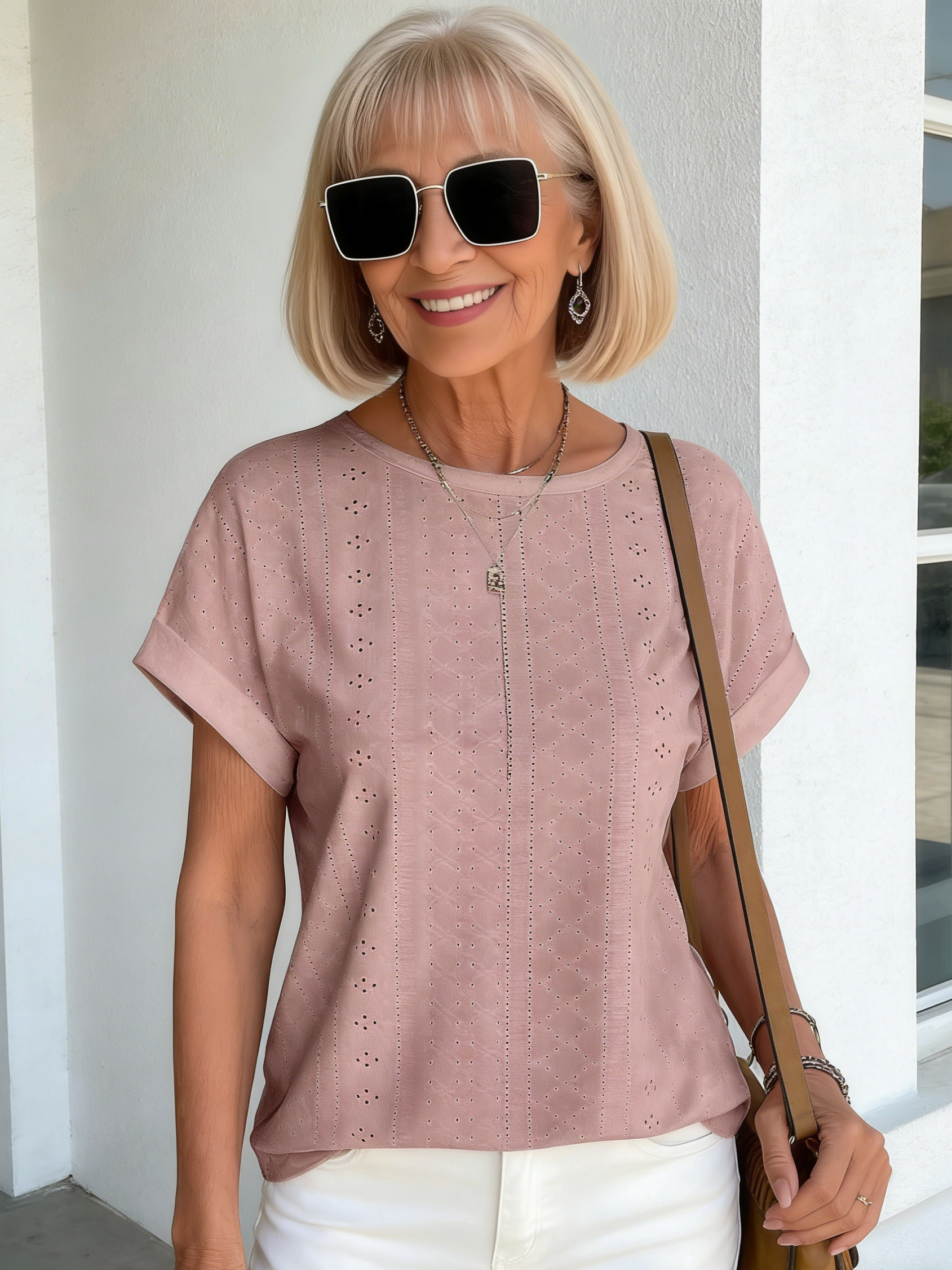 Textured Fabric Solid Color Crew Neck Loose Short Sleeve T-Shirt Top Women