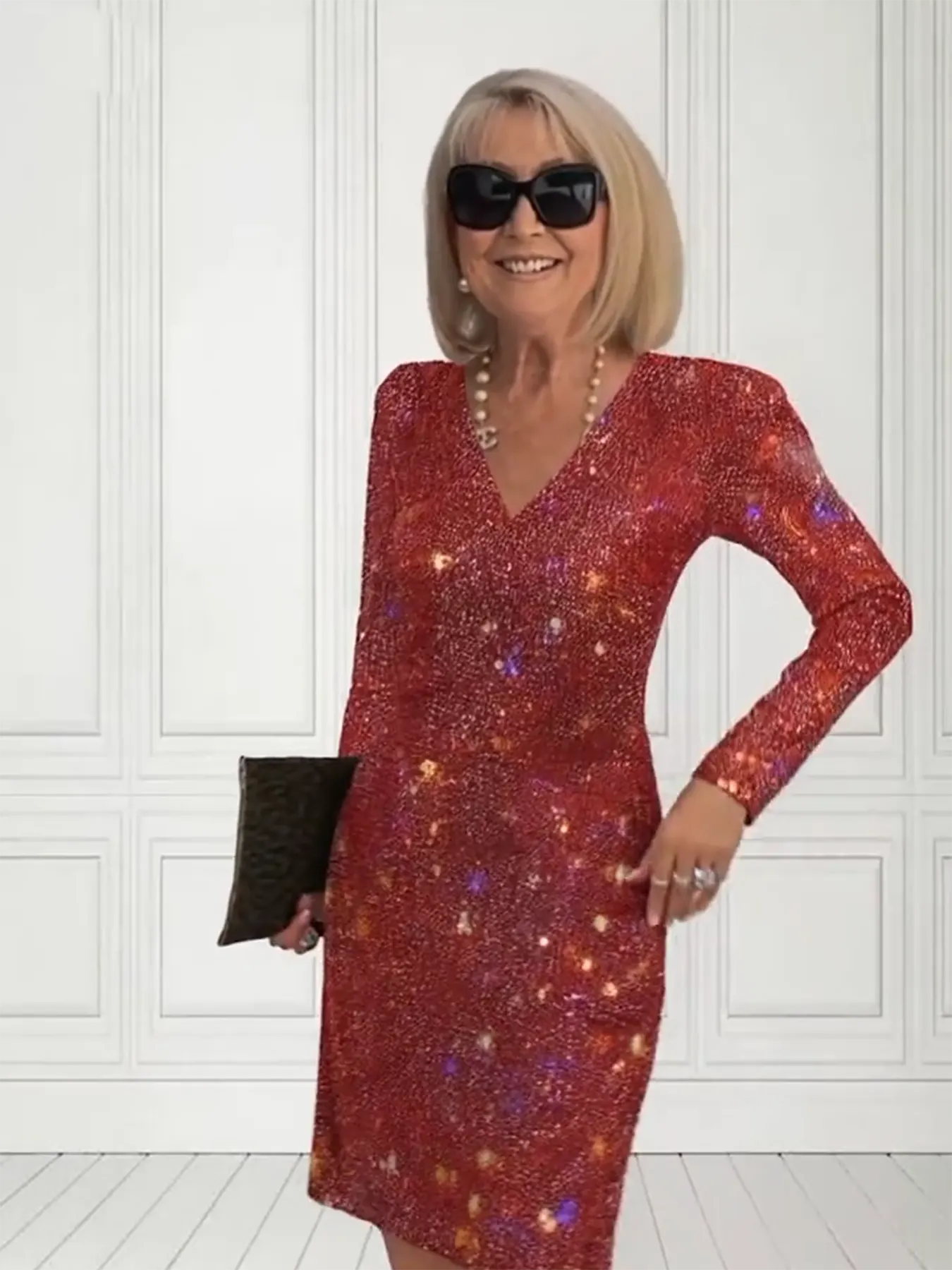 Temperament Elegant Daily New V-neck Long-sleeved Solid Color Sparkling Sequined Skirt