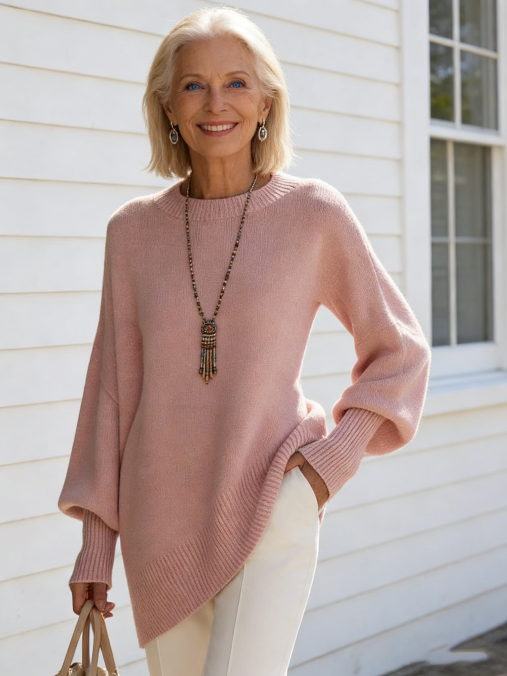 Crew Neck Pullover Knitted Sweater Women's Loose Lazy Style Solid Color Women's Sweater