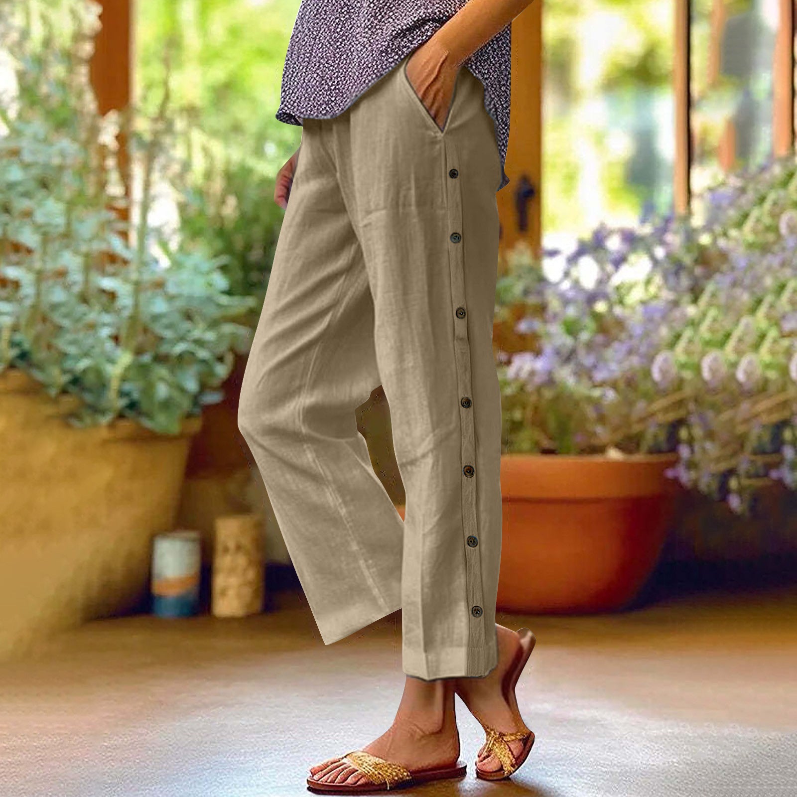 Cotton and Linen Breathable Nine-point Pants Side Seam Decorative Buckle Side Pocket High Waist Loose Casual Pants