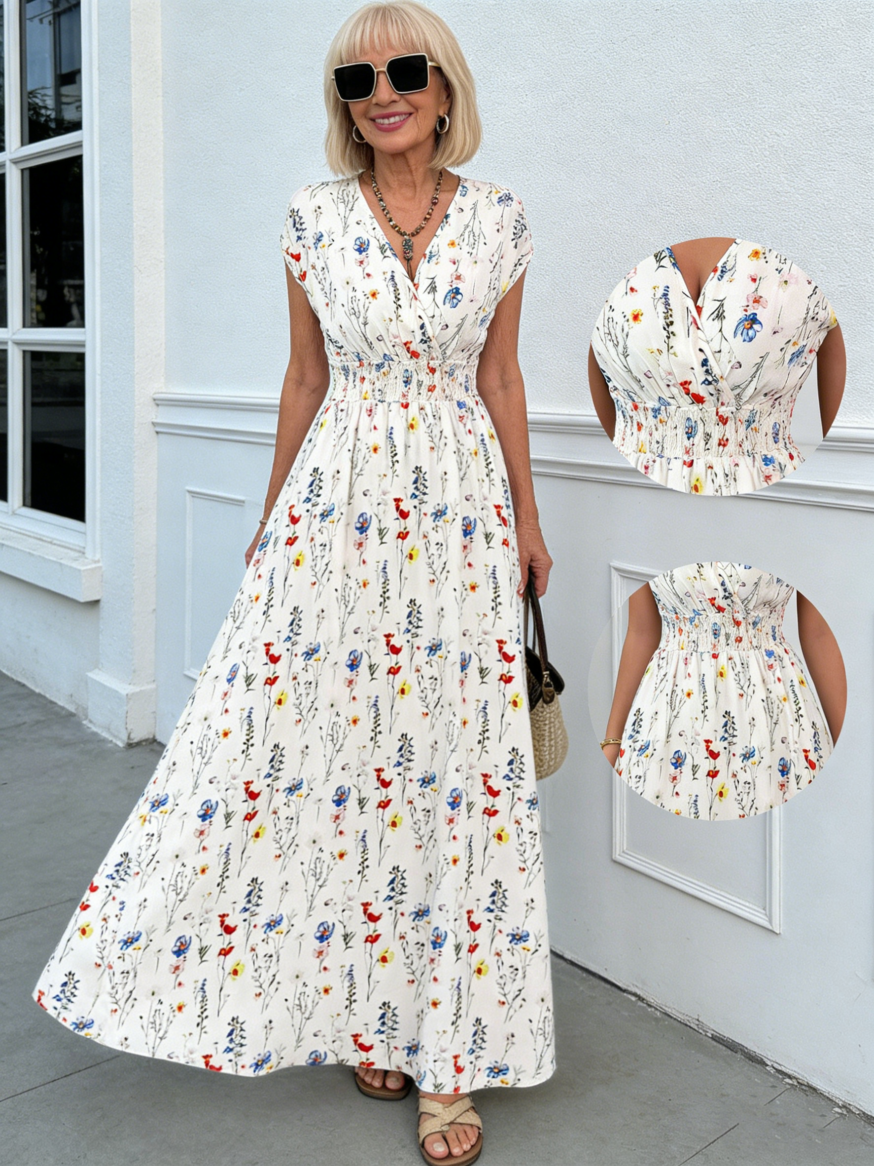 Short Sleeve Lace-Up Dress Printed V-Neck Long Dress Summer Waist Women's Clothing