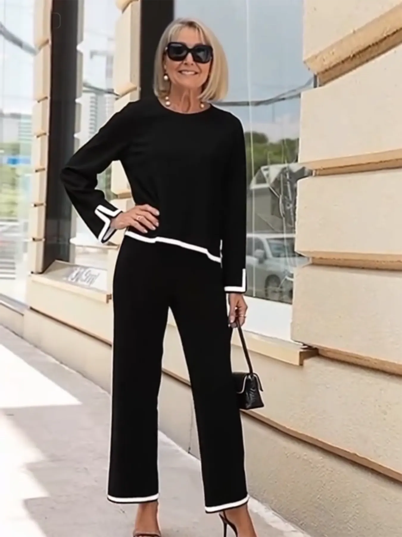 Contrasting Color Split-ended Long-sleeved Knitted Sweater High-waisted and Thin Wide-leg Pants and Trousers Two-piece Set