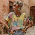 Women's Bohemian Daisy Embroidery Patchwork Art Round Neck Linen Blend T-shirt