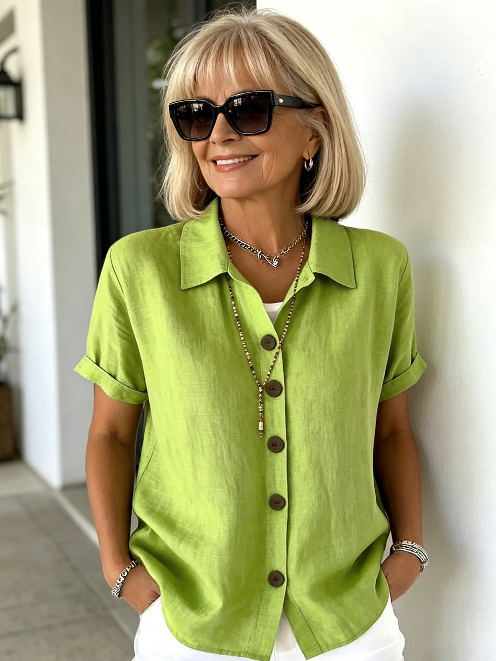 Casual Comfortable Button Cotton and Linen Women's Short Sleeve Shirt