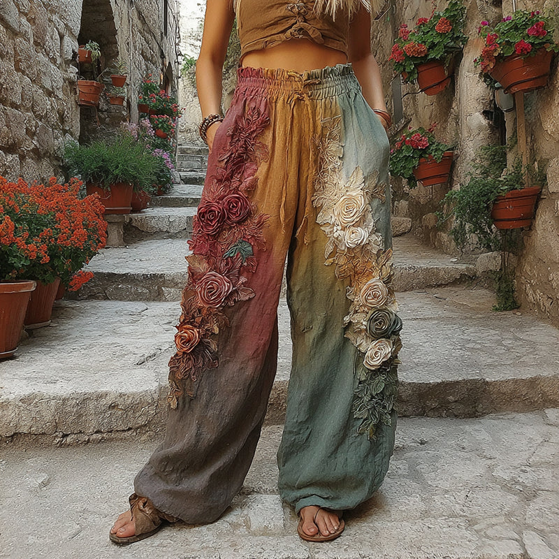 The Sunset Collection Classic Retro Rose And Floral Gradient Art Linen Pants