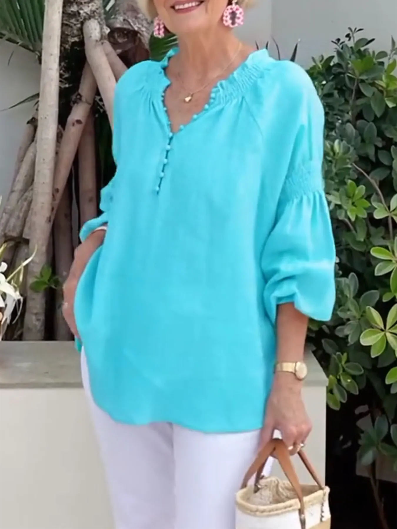 Casual V-neck Solid Color Cotton and Linen Long-sleeved Top