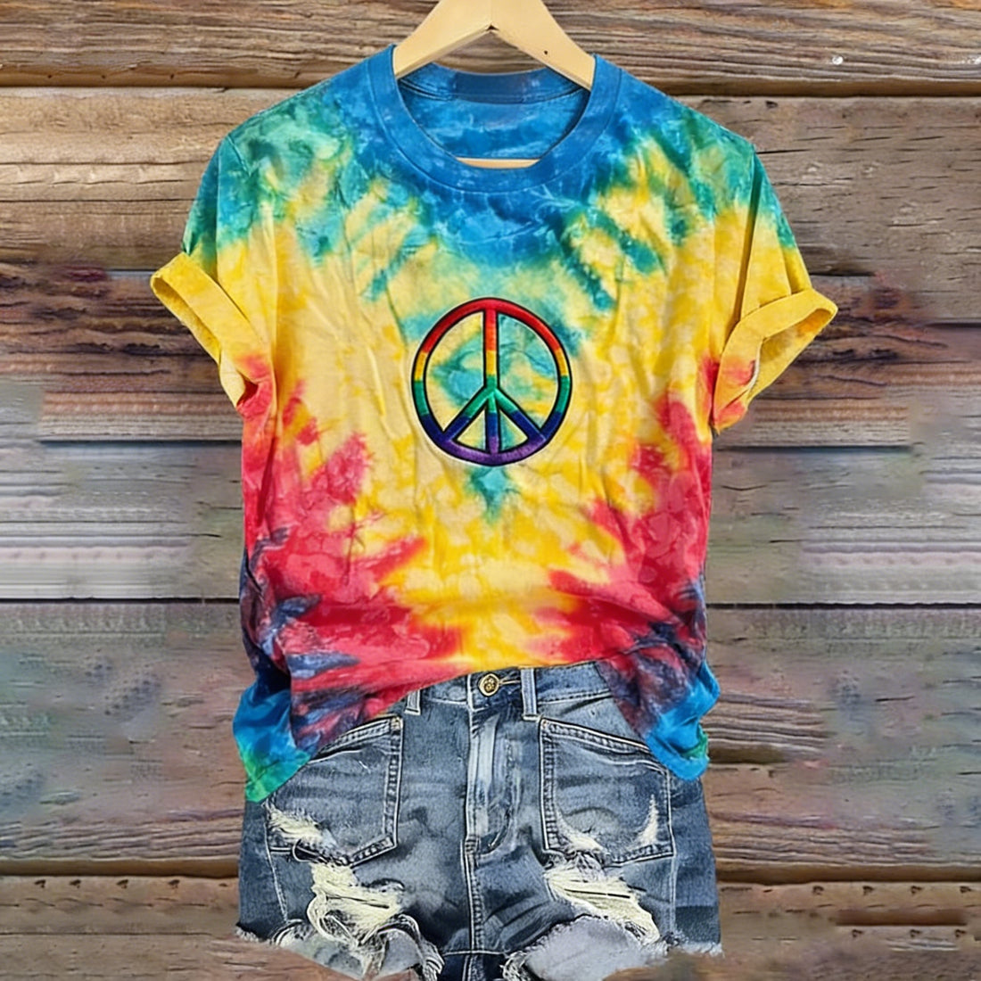 Women's Hippie Rainbow Peace Tie-dye Pattern Casual T-shirt