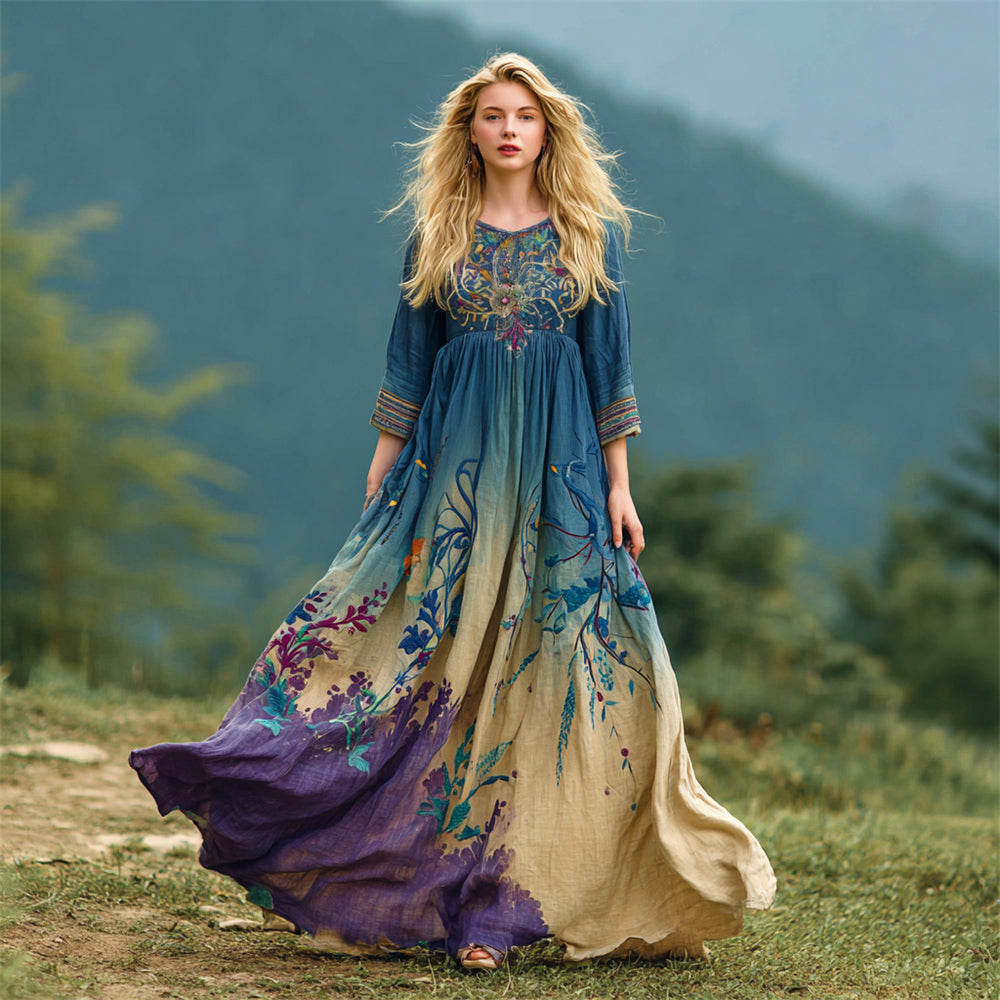 Boho Vintage Ethnic Floral Gradient Art Women's Linen Flowy Maxi Dress
