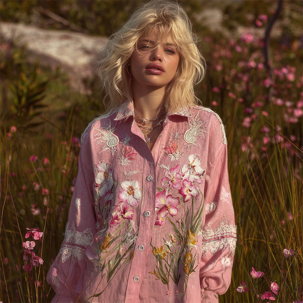Boho Butterfly Orchid Floral Embroidery Vintage Women's Linen Shirt
