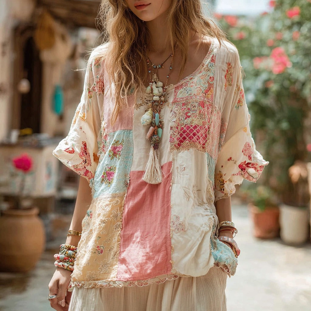 Women's Bohemian Floral Patchwork Crew Neck T-shirt