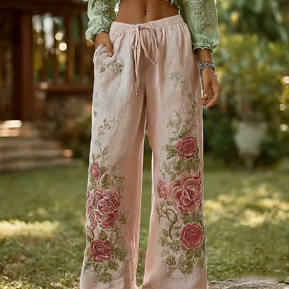 Bohemian Style Retro Pink Rose Casual Cotton And Linen Long Pants