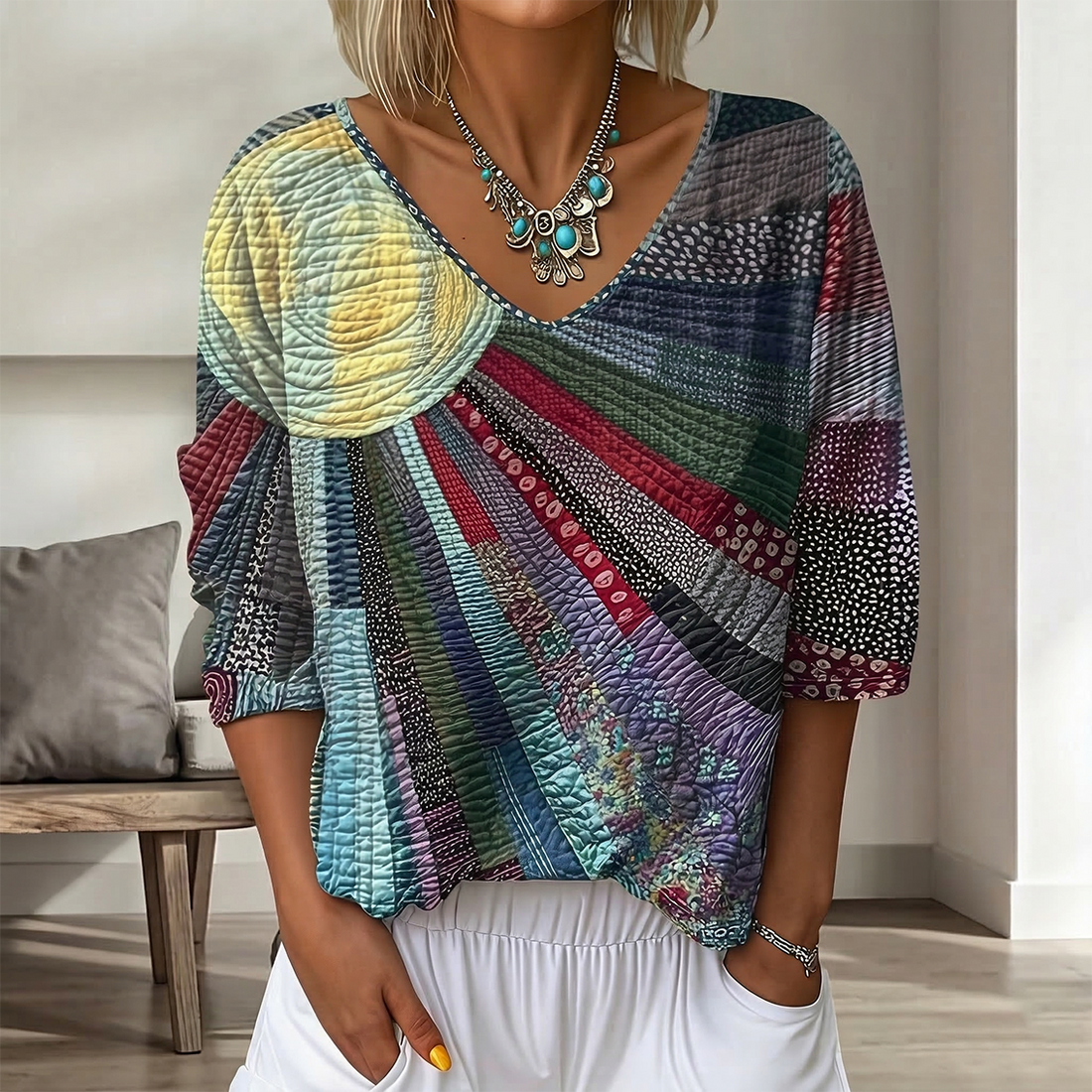 Women's Vintage Floral In Gradient Art Print Flowy Linen Blend  Three-quarter Sleeve V Neck Linen Tops
