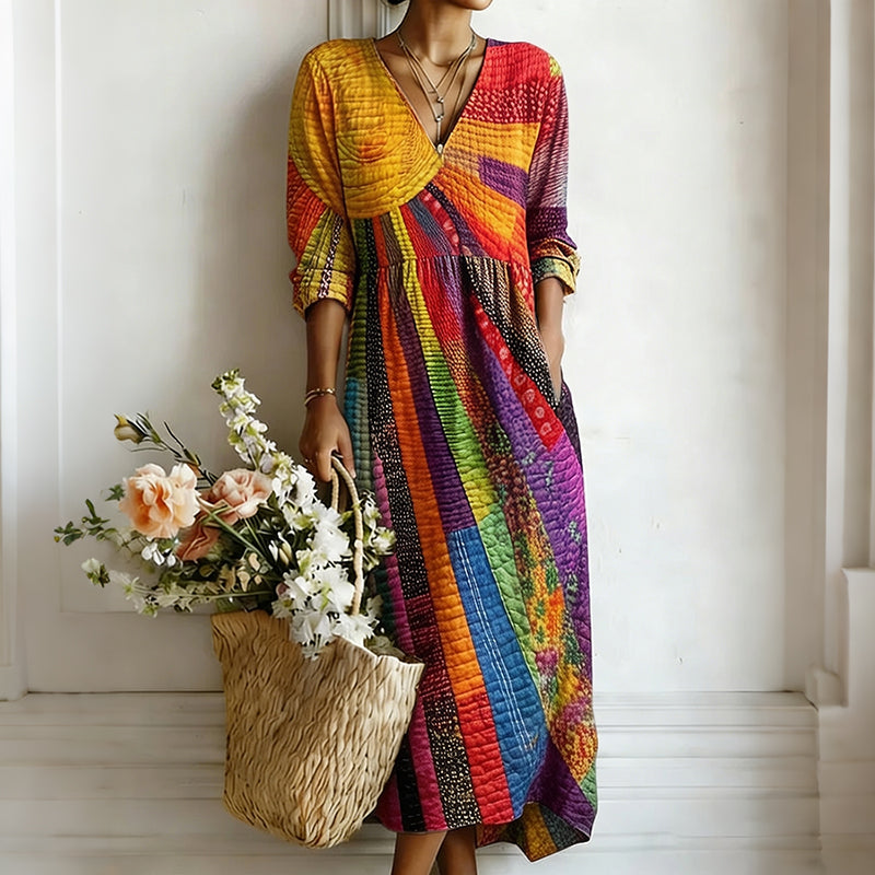 Women's Bohemian Vintage Colorful Sun Collage Art Print Flowy Linen Blend Casual Dress