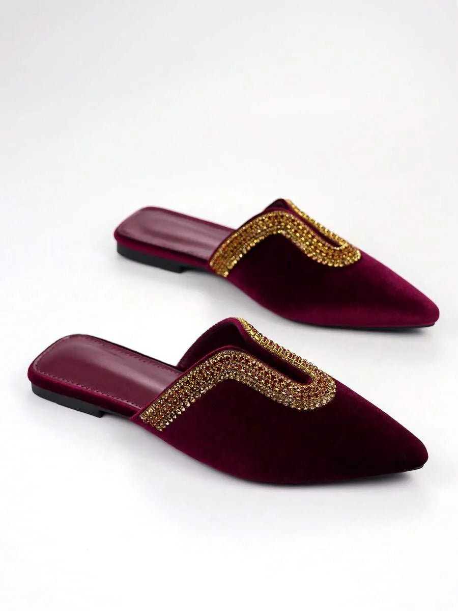 2026 Luxury Rhinestone Embellished Women's Ballet Flats, Velvet Pointed Toe U-Shaped Upper Flat Slippers, Stylish and Comfortable, Suitable for Everyday Wear and Parties.
