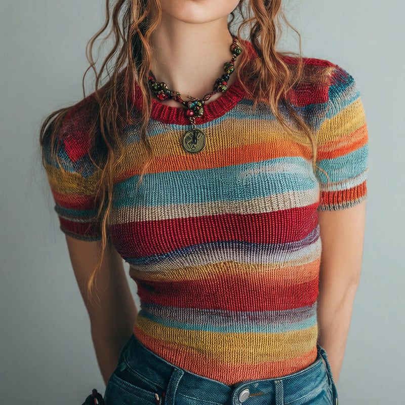 Women's Rainbow Embroidered Art Print Short Sleeve Sweater