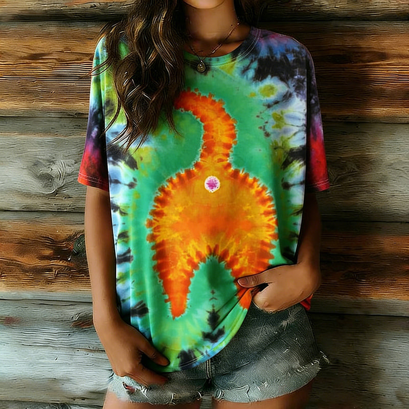 Women's Hippie Abstract Cat Tie-dye Pattern Casual T-shirt