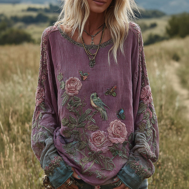 Women's Bohemian Floral And Bird Pattern Linen Crew Neck T-shirt