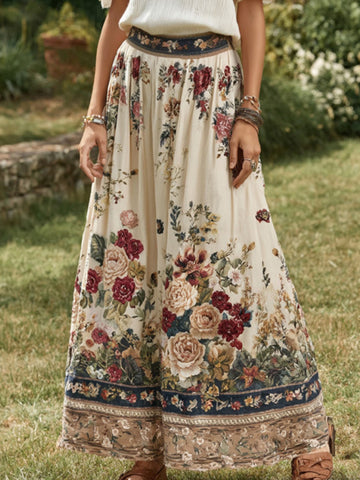 Women's Vintage Floral Linen Midi Skirt