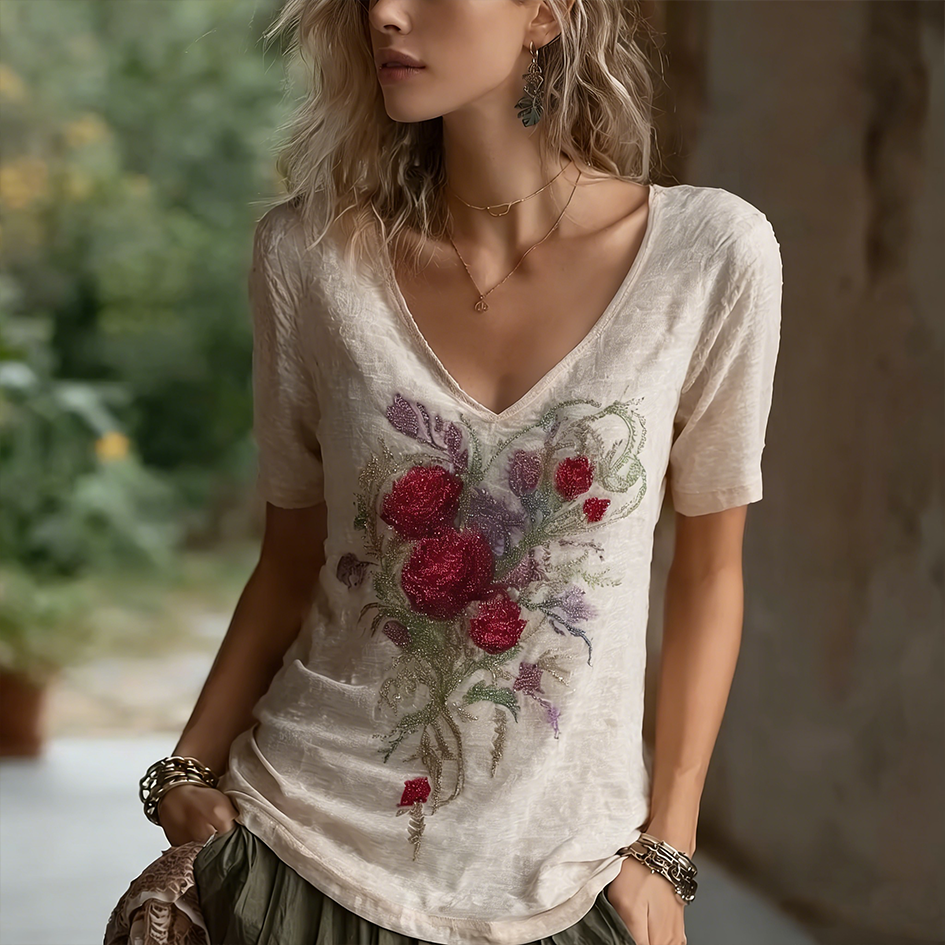 Bohemian Style Retro Red Rose Pattern Women's V-neck Short-sleeve T-shirt