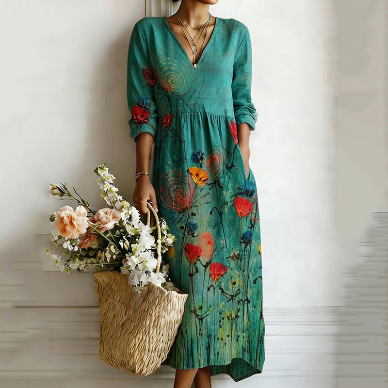 Women's Bohemian Floral Art Print Flowy Linen Blend Casual Dress