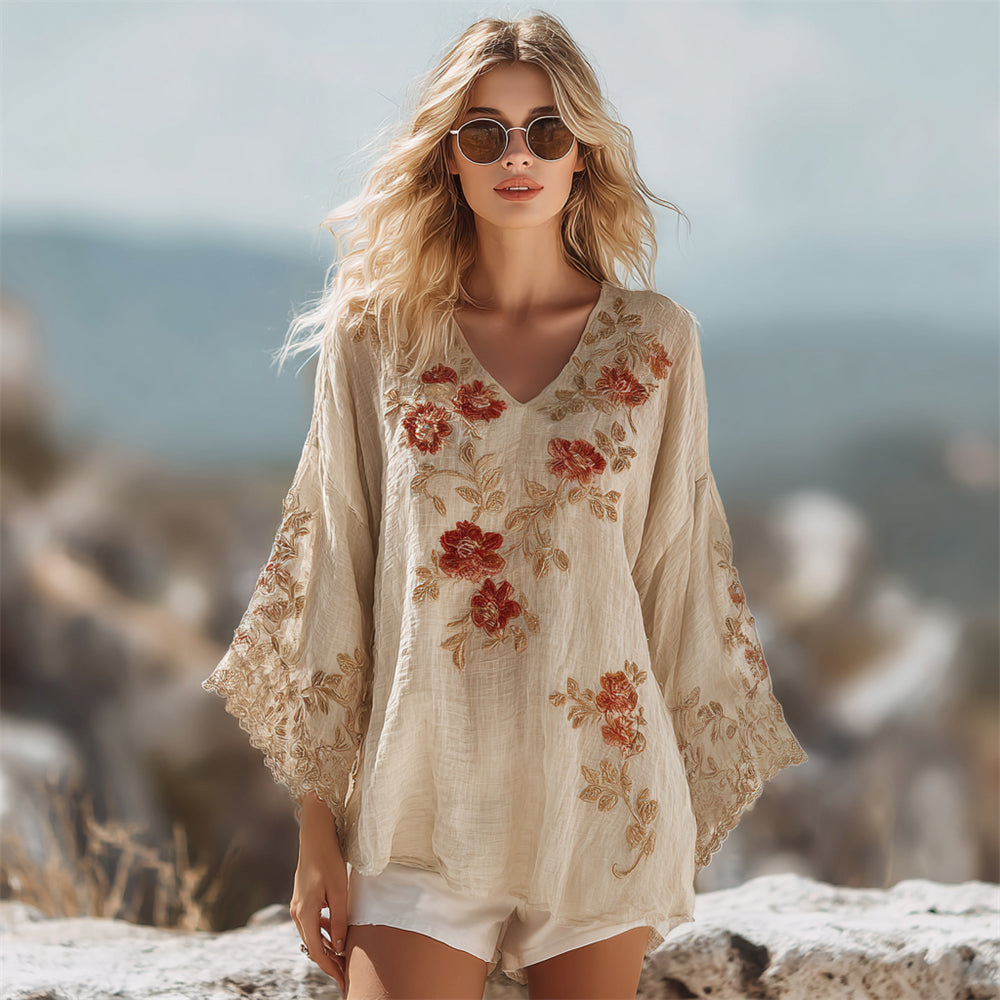 Boho Lace Floral Art Women's V-neck Linen Shirt