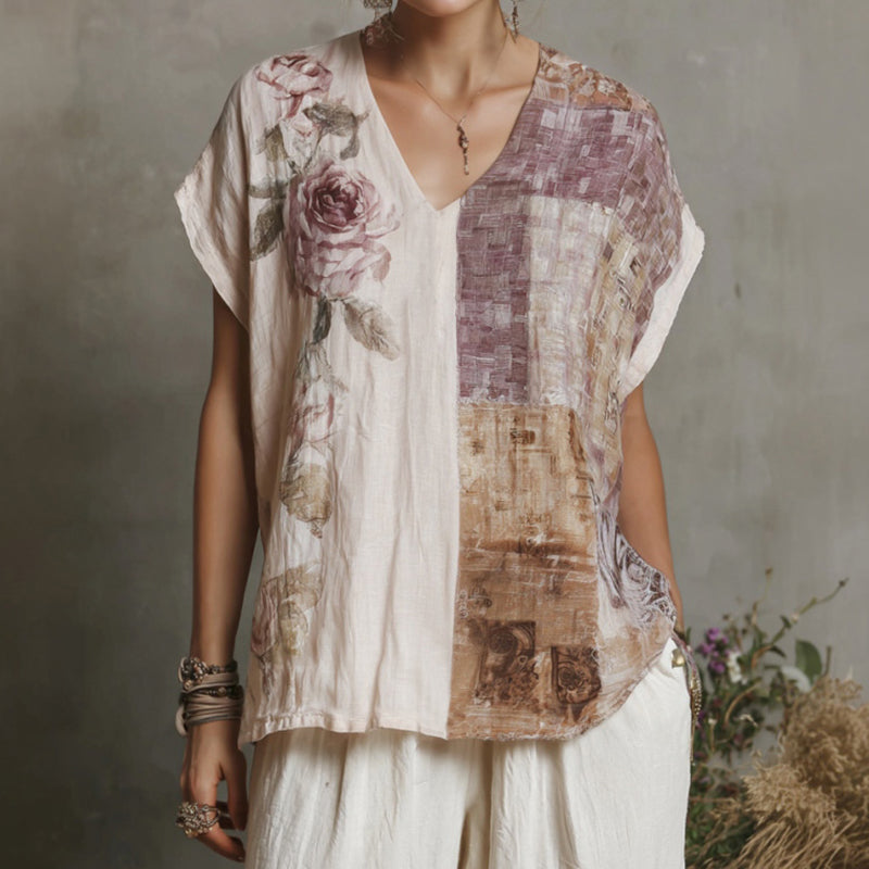 Women's Vintage Rose And Natural Texture Print Linen Blend V-neck T-shirt