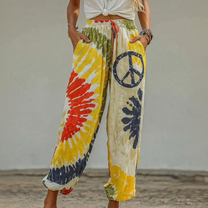 Women's Hippie Style Tie-dye Peace Symbol Print Casual Trousers