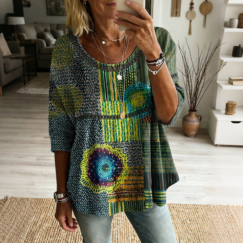 Women's Vintage Patchwork Art Print Flowy Linen Blend Casual Tops