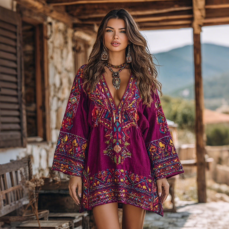 Women's Vintage Vacation Boho Tribal Ethnic Print V-neck Linen Blend Long Sleeve Dress