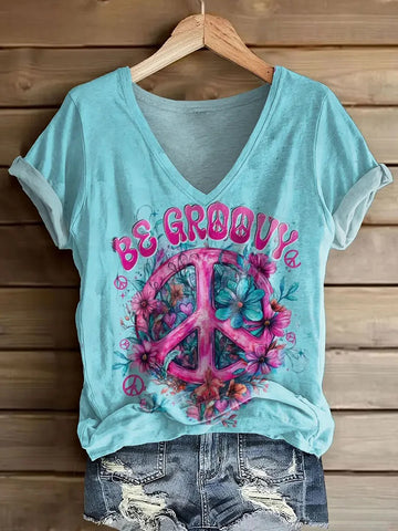 Women's Floral Hippie Pattern Art Print V-neck T-shirt