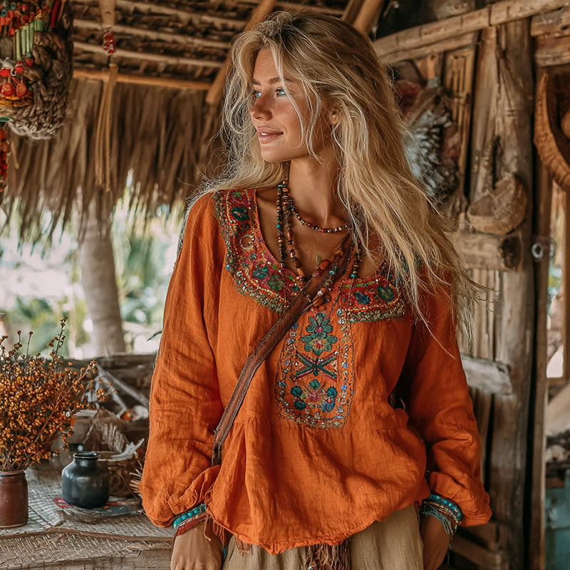 Women's Vintage Vacation Boho Tribal Ethnic Print Round-neck Linen Blend Tops