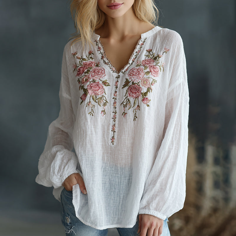 Women's Vintage Floral Embroidered Art Print Flowy Linen Blend Casual Tunic