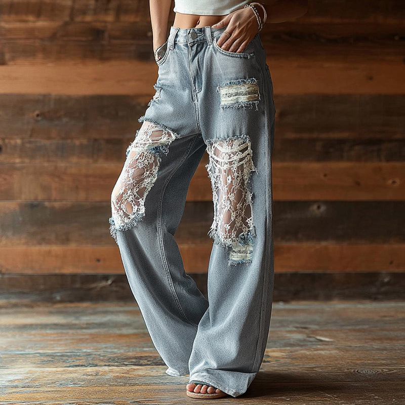 Vintage Bohemian Lace-paneled Distressed Washed Denim Jeans