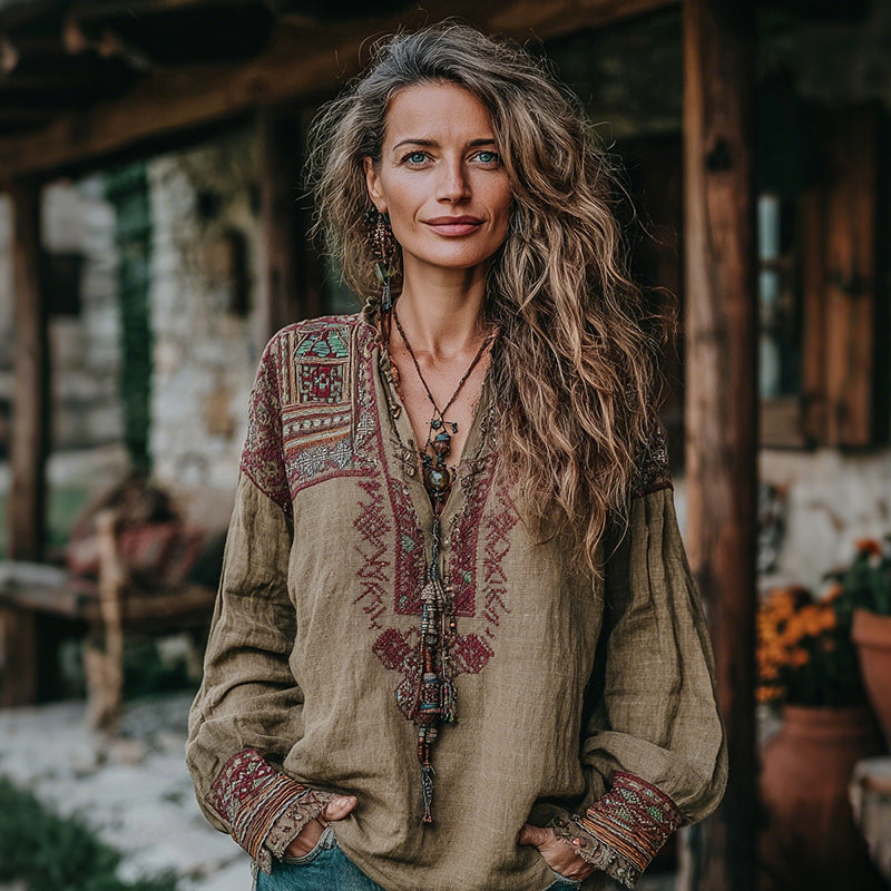 Women's Vintage Vacation Boho Tribal Ethnic Print V-neck Linen Blend Tops