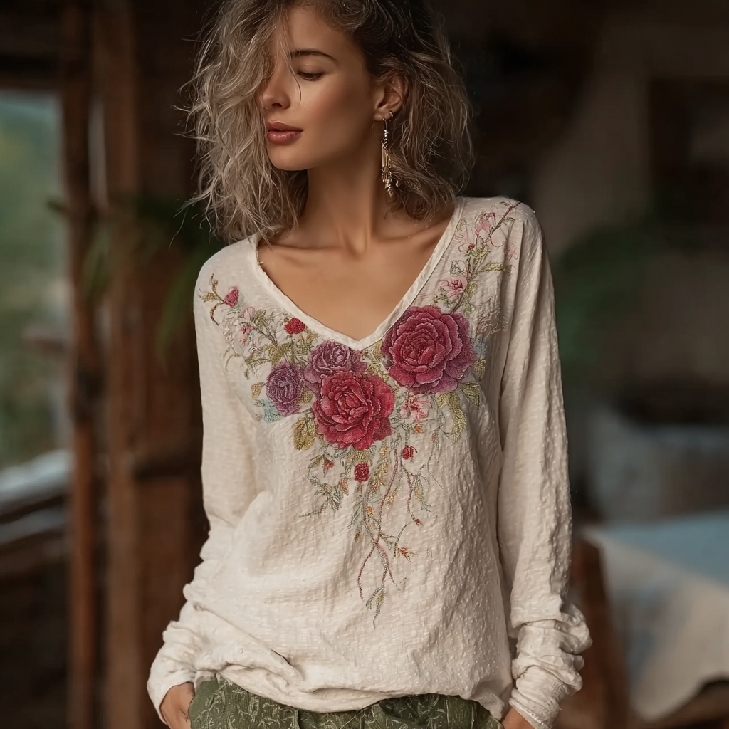 Bohemian Style Retro Red Rose Pattern Women's V-neck Long-sleeve Top