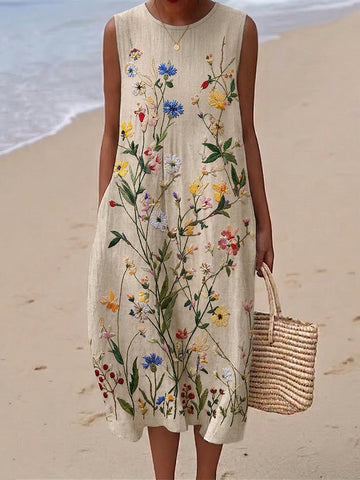 Women's Floral Pattern Round Neck Sleeveless Midi Dress