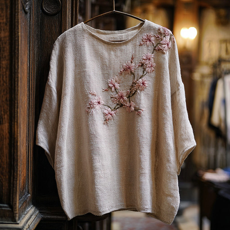 Women's Vintage Cherry Blossom Embroidered Casual Linen Top