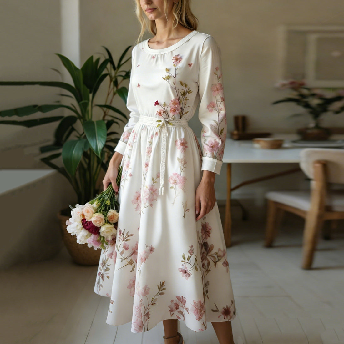 Vintage Floral Art Women's Linen Long Sleeve Midi Dress