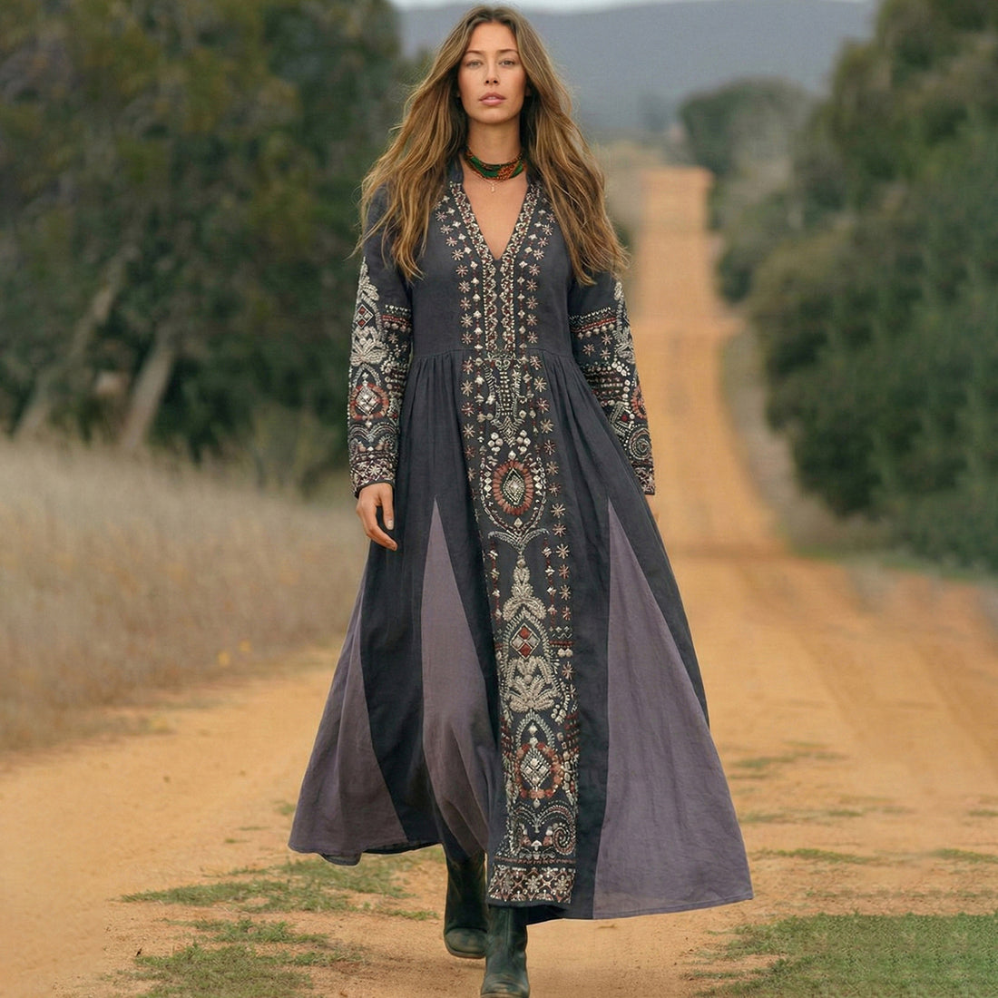 Women's Retro Ethnic Floral Print V-neck Long Sleeve Midi Dress