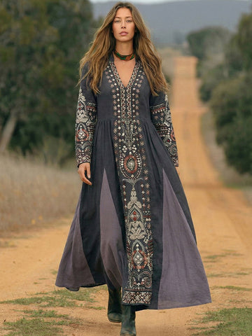 Women's Retro Ethnic Floral Print V-neck Long Sleeve Midi Dress