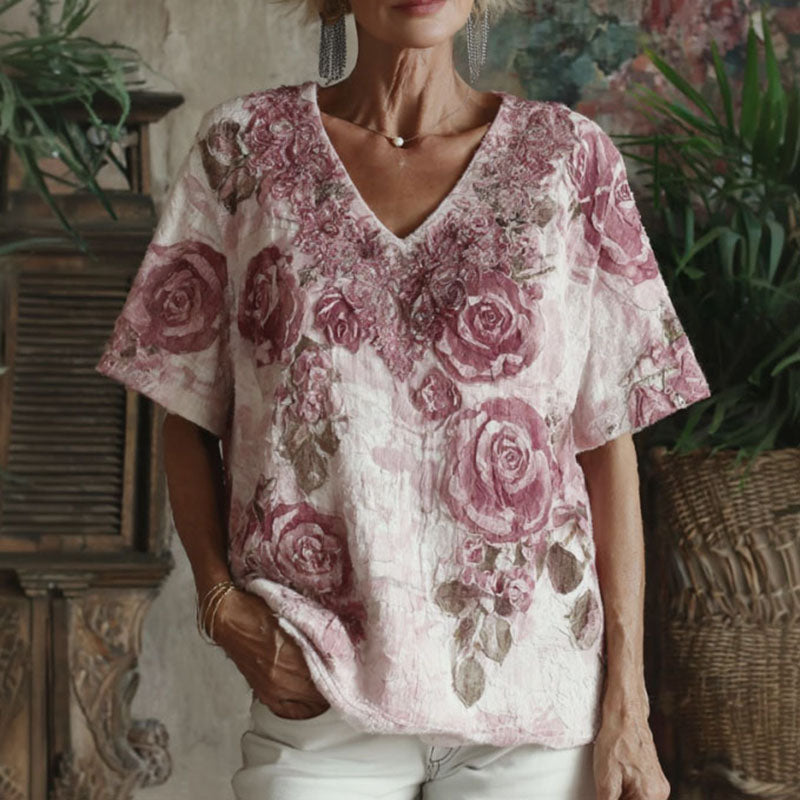 Women's Vintage Floral Print Linen Blend V-neck T-shirt