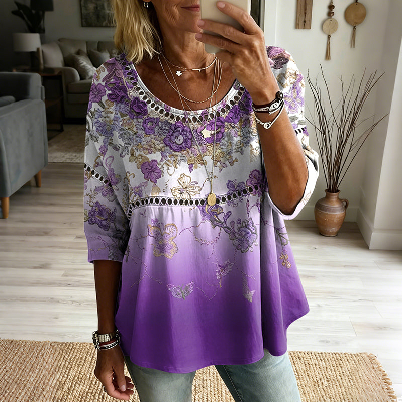 Women's Vintage Floral In Gradient Art Print Flowy Linen Blend Casual Tops