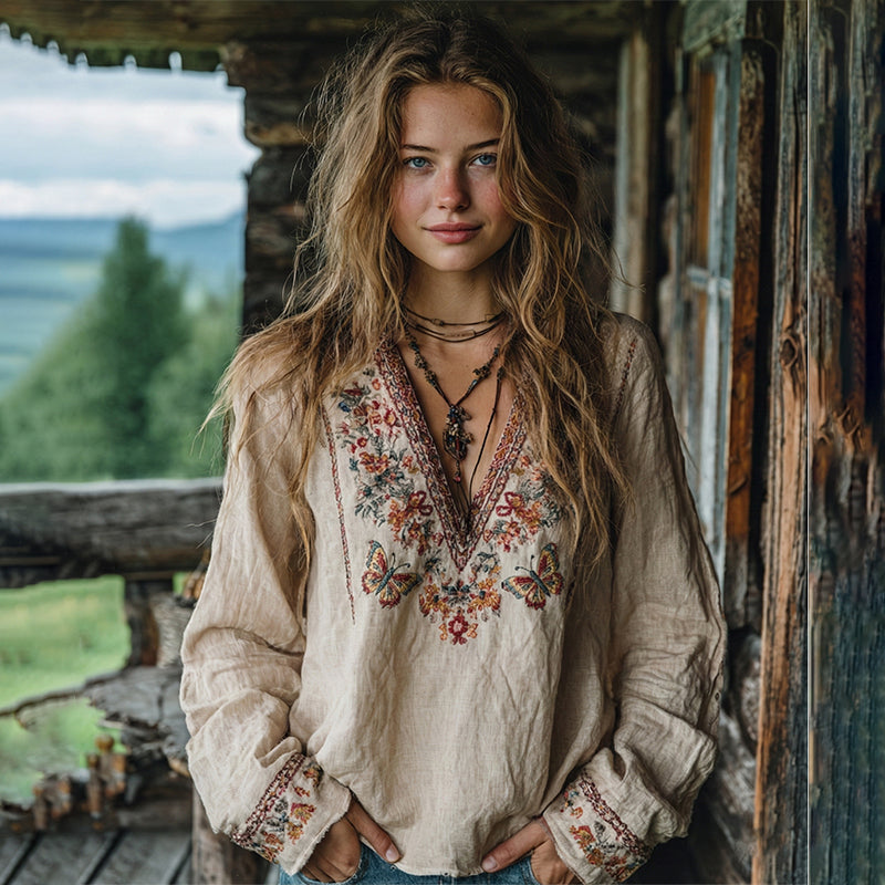 Women's Vintage Floral Embroidered Art V Neck Loose Blouses