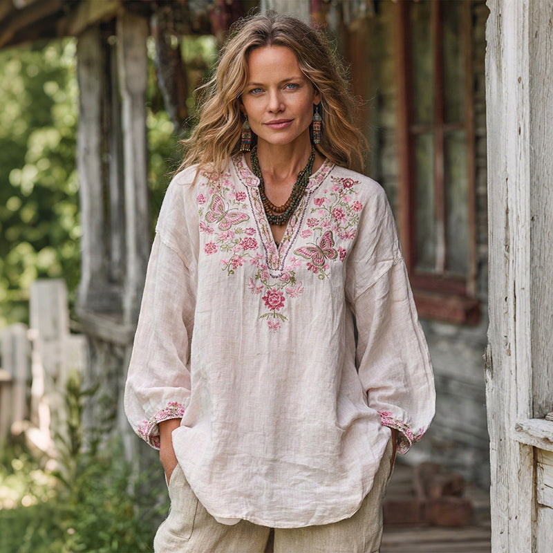 Women's Vacation Boho Floral With Butterfly Print Linen Blend Tops