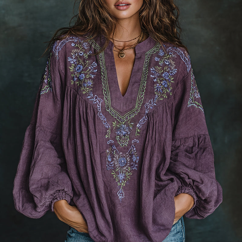 Women's Floral Embroidered Art Print Flowy Linen Blend Casual Tunic