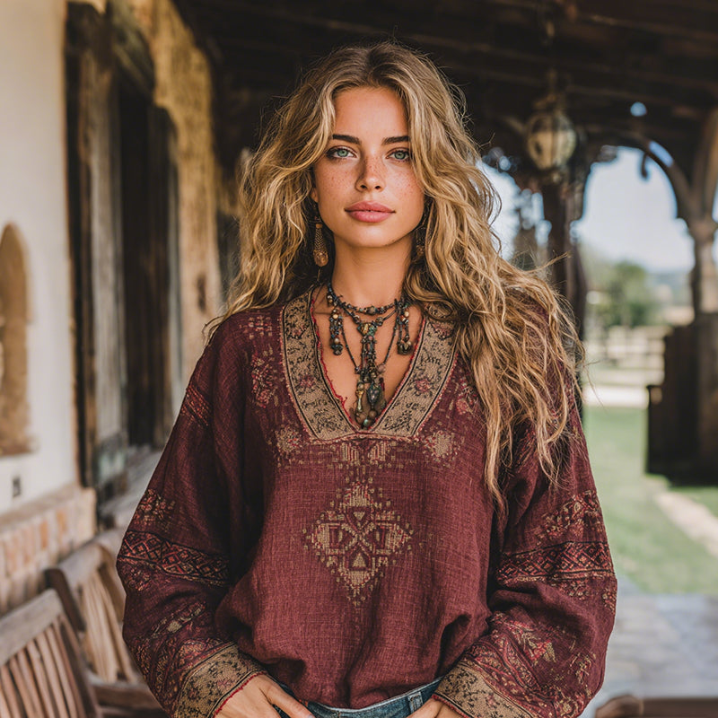 Women's Vacation Boho Tribal Ethnic Patterns Print V-neck Linen Blend Tops