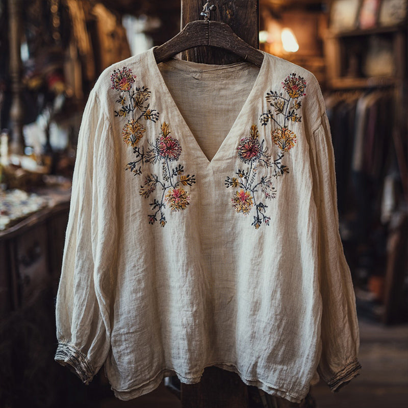 Women's Vintage Bohemian Embroidered Casual Linen Top