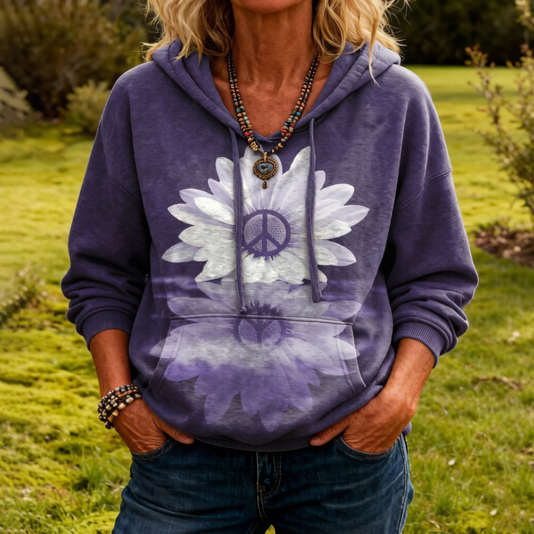 Women's Peace Tie-dye Froal Art Pattern Casual Hoodie