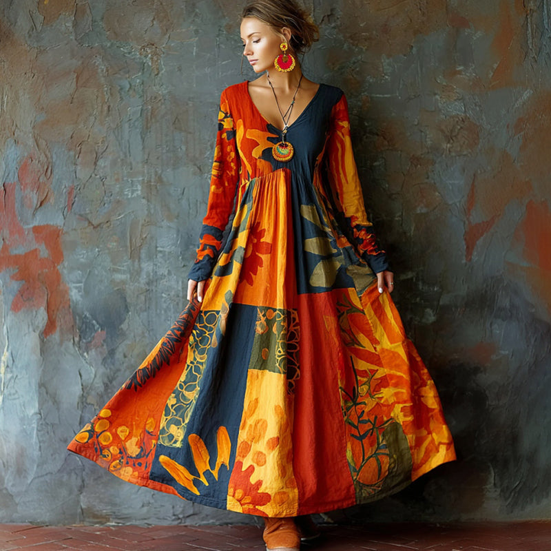 Women's Hippie Style Floral Color-blocked Print Maxi Dress