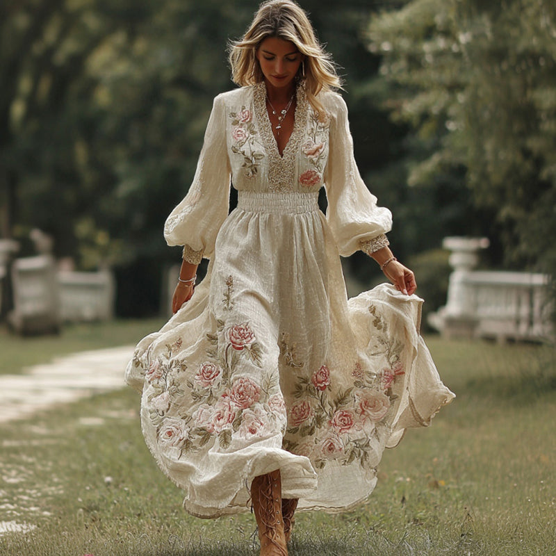 Women's Retro Bohemian Art Floral V-neck Long-sleeved Dress.